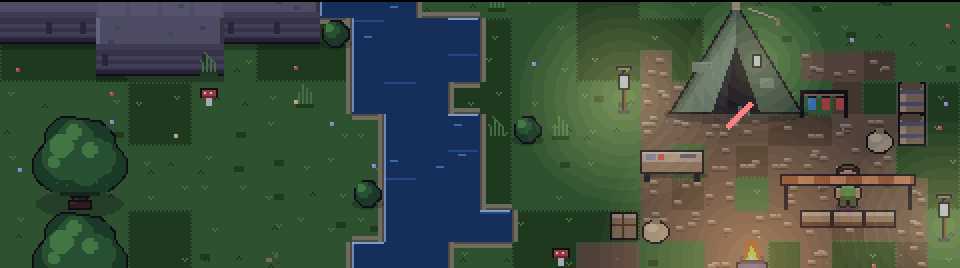 A camp beside a river on a planet