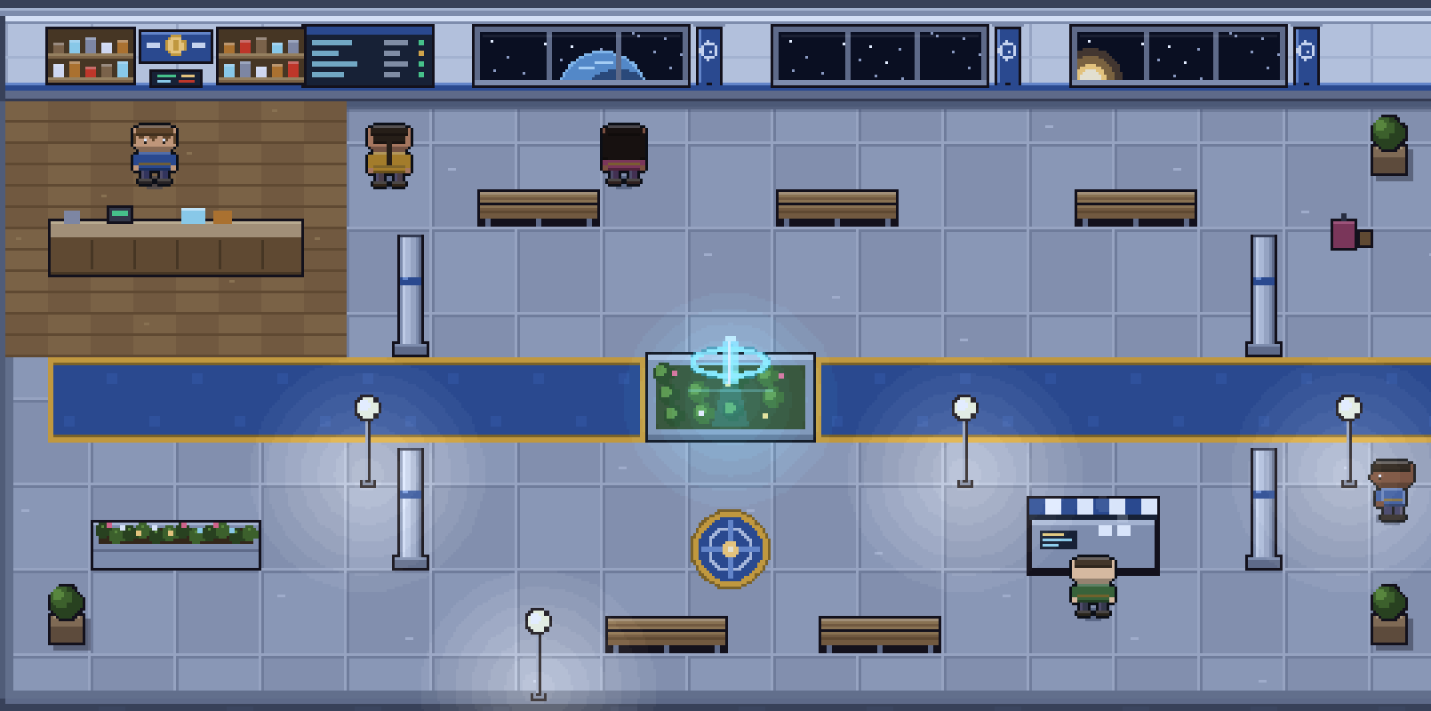 A station concourse in Space Game, with travellers, benches, shops, and a fountain